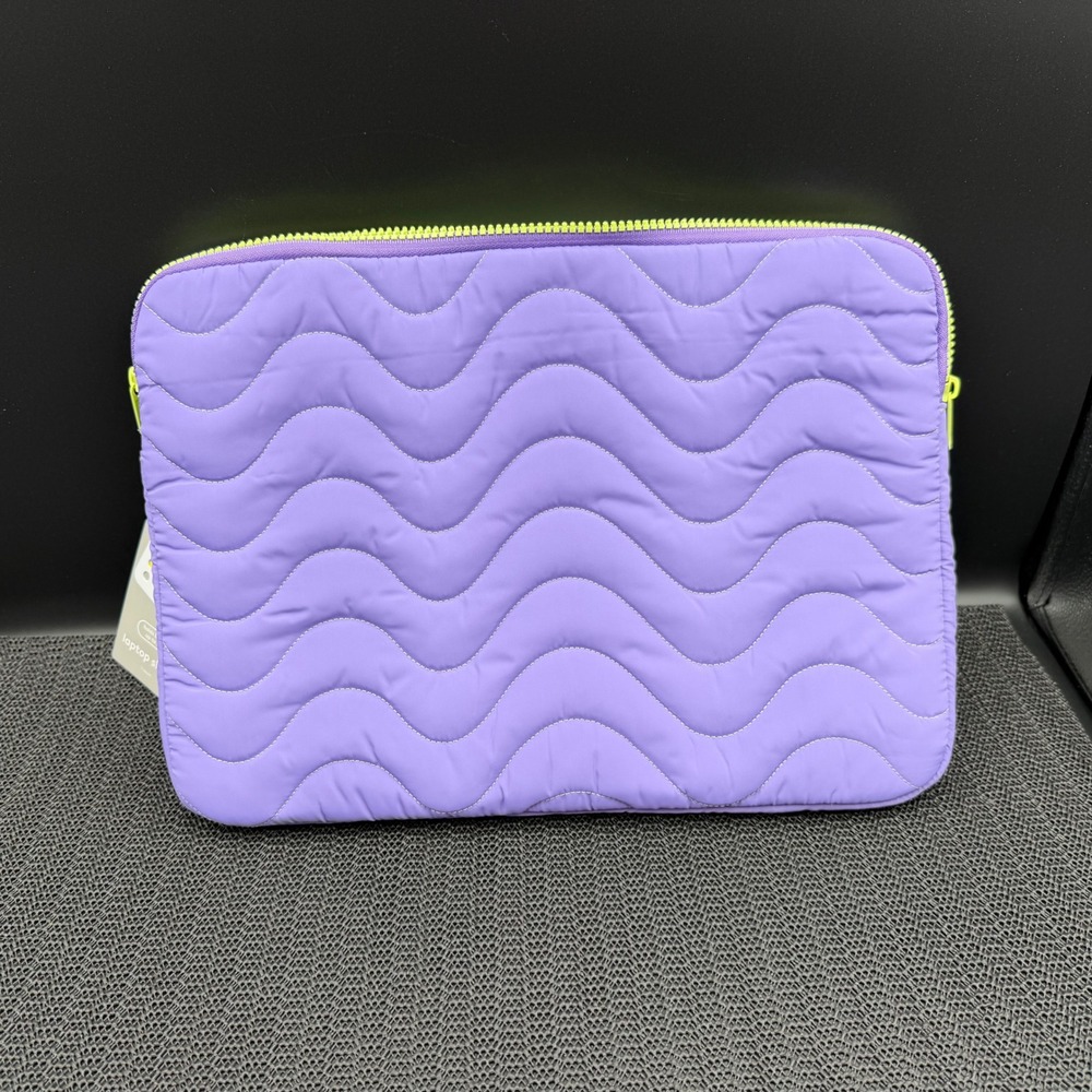 Heyday 14 Inch Laptop Sleeve Purple Quilted Wavy Stitch Neon Green Zip NWT